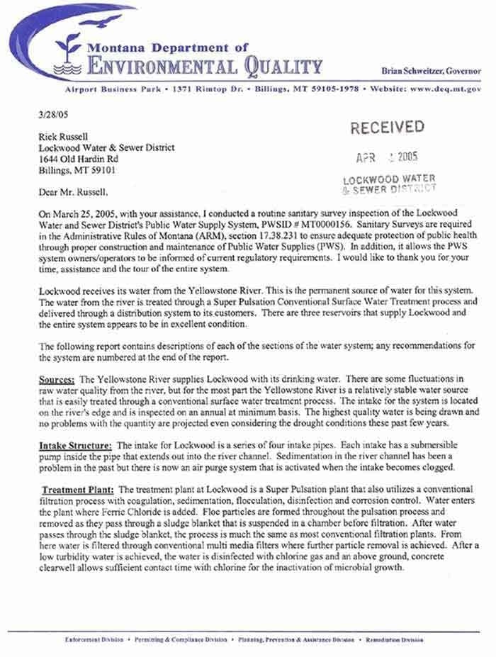 Annual Water System Inspection Report Lockwood Water and Sewer District