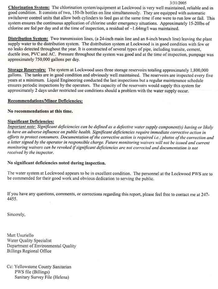 Annual Water System Inspection Report Lockwood Water and Sewer District